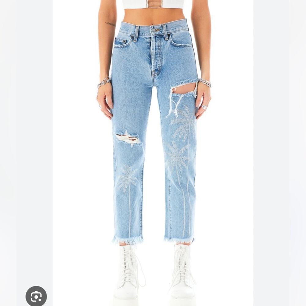 Carmar Light Wash Destroyed High Rise Alexander Rhinestone Palm Tree Jeans 25